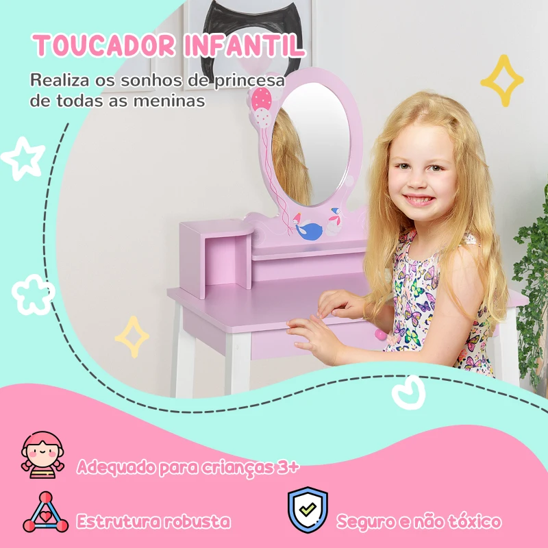 HOMCOM Toucador Infantil com Banco e Espelho Mesa de Maquilhagem Infantil Estilo Princesa de Madeira 59x39x92cm Rosa