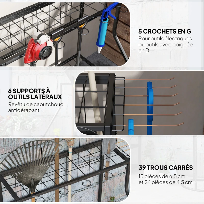 Outsunny Organiseur d'outils de jardin avec crochets porte-outils de garage à 3 niveaux 84 x 53 x 73 cm orange