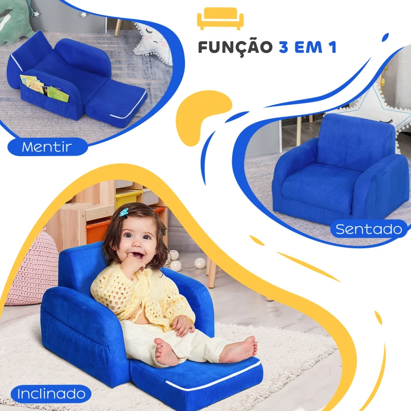 HOMCOM Poltrona Infantil Poltrona 2 em 1 para Crianças Dobrável em 2 Posições com Apoio de Braços e Assento Acolchoado 47x45x38cm Azul