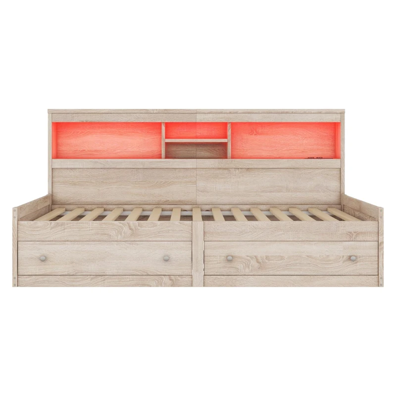 Letto da giorno 90×200 cm, con due cassetti e rete a doghe, senza materasso, Naturale