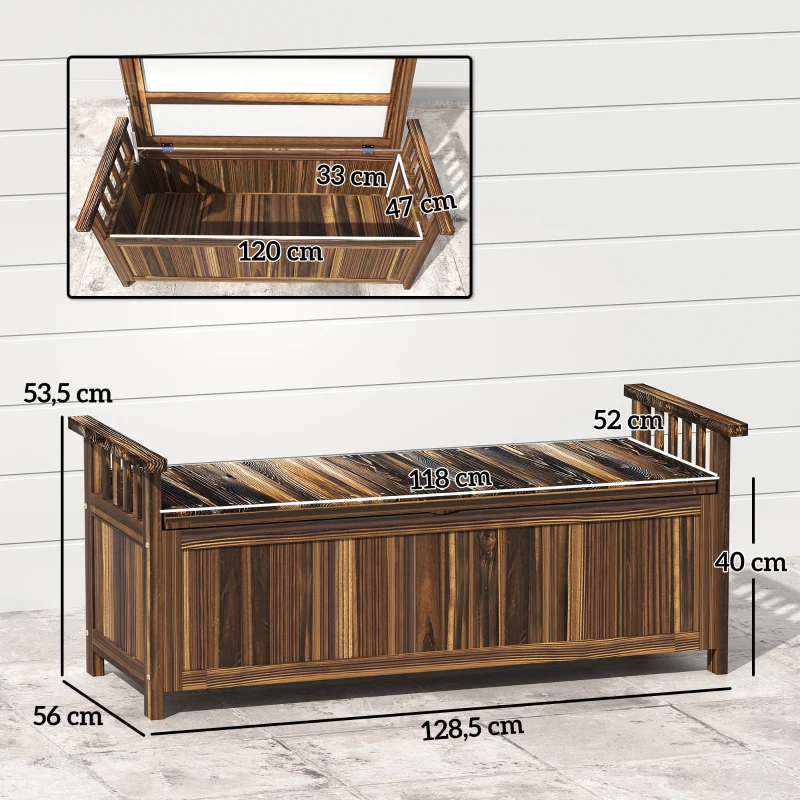 Outsunny 2-Sitzer Gartenbank Holz, wetterfest Sitzbank, Gartenmöbel mit Stauraum Armlehnen 128,5 x 56 x 53,5cm, Verkohlt(m-3)