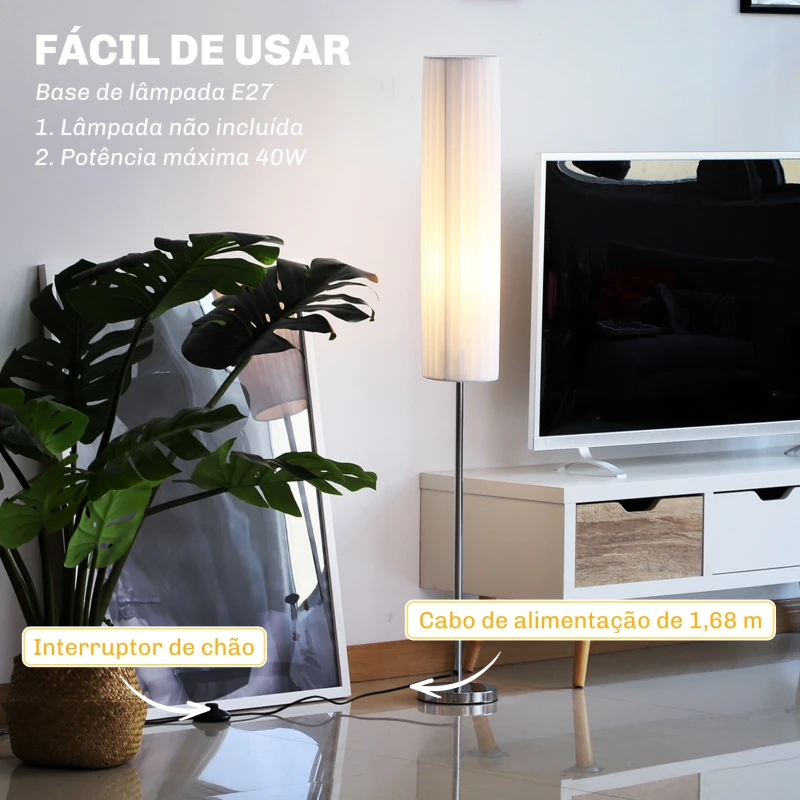 HOMCOM Candeeiro de Pé Moderno com Base de Aço Inoxidável Cor Branca 120cm