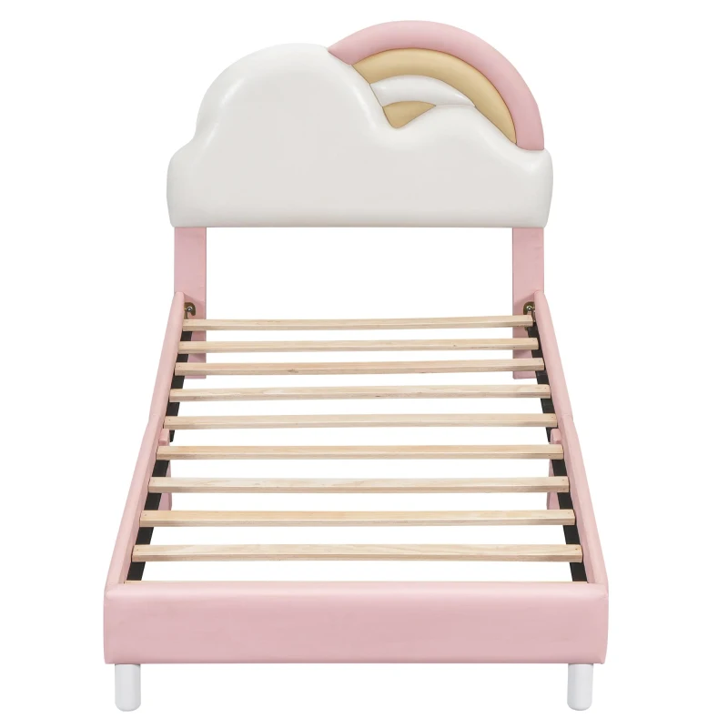 Letto imbottito a forma di arcobaleno con motivo a nuvole 90x200 cm, senza materasso, Rosa