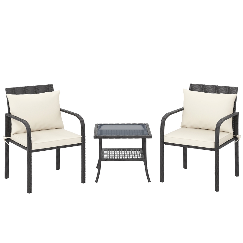 Outsunny Conjunto de Muebles de Jardín de Ratán Sintético con 2 Sillas con Cojines Acolchados y Mesa con Vidrio Templado Marrón