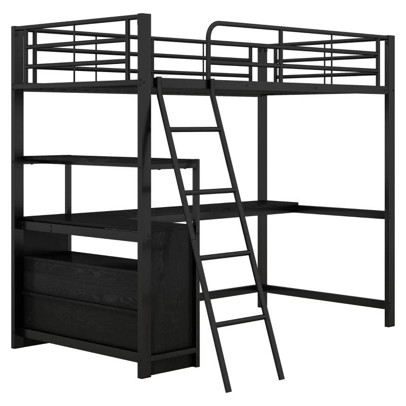 Letto a soppalco con struttura in ferro 90×200 cm, con scrivania a forma di L e cassetti, senza materasso, Nero