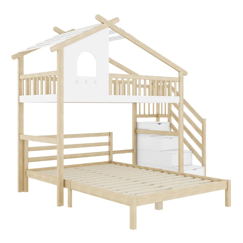 Lit mezzanine 90×200 cm,avec échelle de rangement pour d'enfant,sans matelas, Naturel+Blanc(m-8)