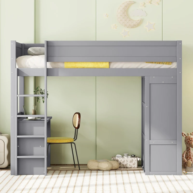 Lit mezzanine 90x200 cm pour enfants, avec armoire, bureau et tiroirs, sans matelas, Gris(m-4)