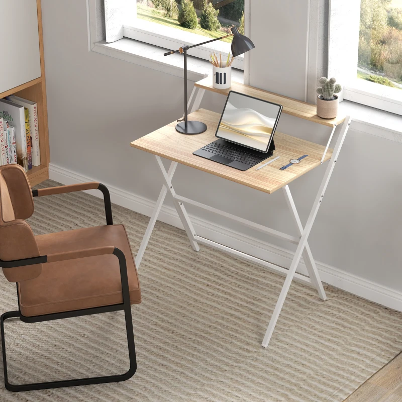 HOMCOM Scrivania Pieghevole con Ripiano per Monitor, 81.5x62x86.5 cm, Legno e Bianco