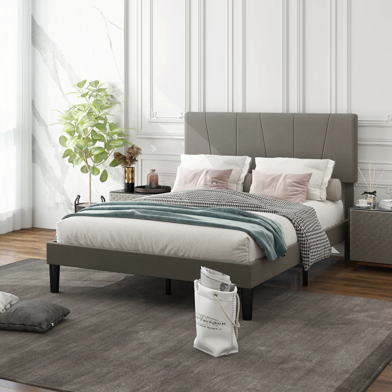 HOMCOM Cadre de lit double 140 x 190 cm lit 2 personnes tête de lit réglable sommier 150 x 198 x 100/105/110/115/120 cm gris