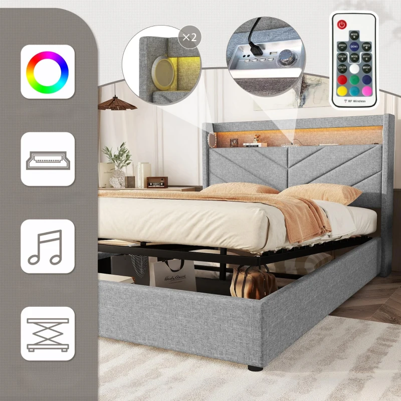 Letto imbottito 140 x 190 cm con illuminazione ambientale, senza materasso, Grigio