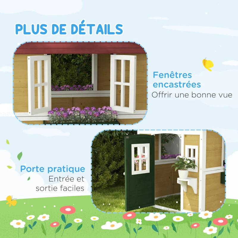 Outsunny Cabane enfant extérieur maison enfant extérieure avec porte fenêtres et jardinières 114 x 126,4 x 135 cm beige