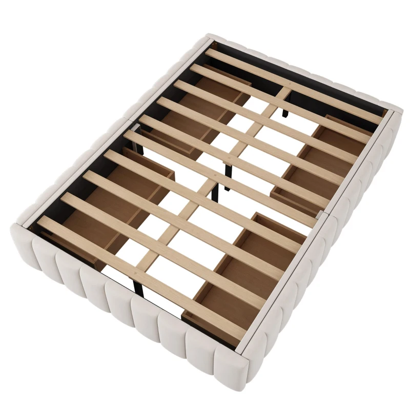 Letto imbottito con rete a doghe 140x200 cm, design minimalista, senza testiera, 4 cassetti contenitori, senza materasso, Beige