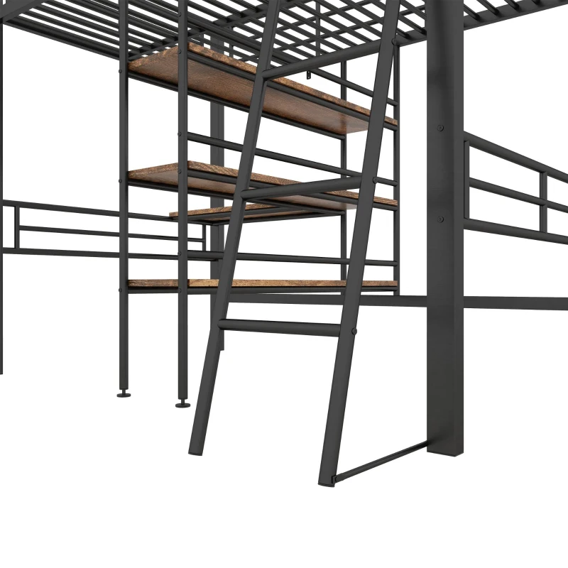Lit mezzanine avec bureau, étagères, garde-corps et échelle en métal, 90×200 cm, sans matelas, Noir
