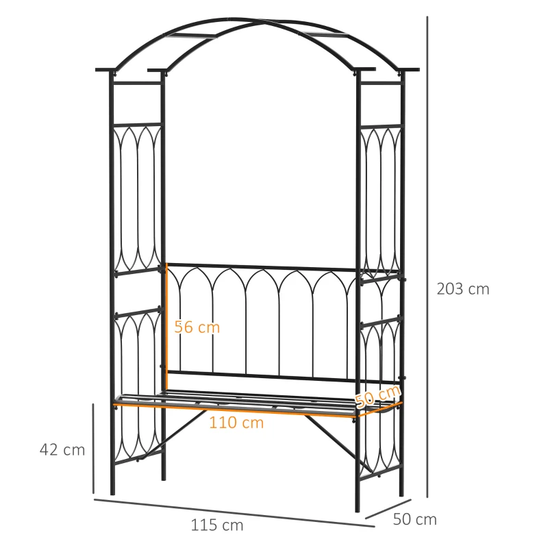 Outsunny Arco de Jardín con Banco Metálico Soporte para Plantas Trepadoras y Rosales para Terraza Patio 115x59x203 cm Negro