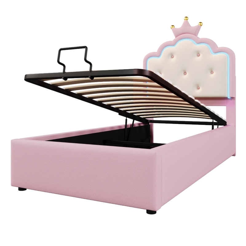 Lit rembourré 90x200 cm avec sommier à lattes, forme de princesse héritière, espace de rangement hydraulique,sans matelas, Rose