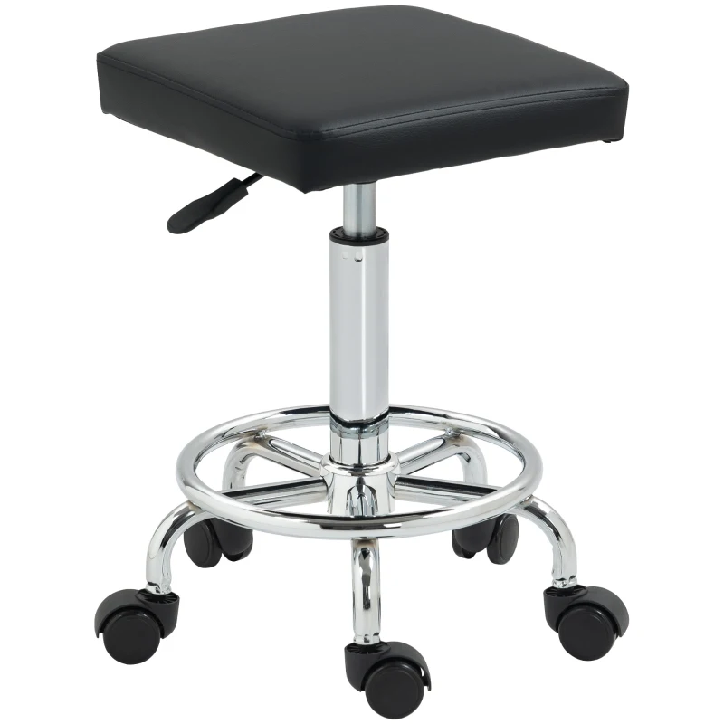 HOMCOM Tabouret à roulettes carré avec hauteur réglable 50-66 cm et repose-pieds, pour massage, tatouage, clinique, spa, noir