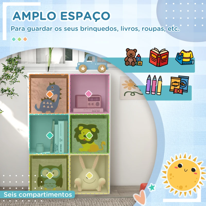 ZONEKIZ Estante para Brinquedos com 6 Compartimentos e 3 Caixas de Tecido não Tecido e Desenho de Animais 61,8x29,9x91,5 cm Branco e Cinza