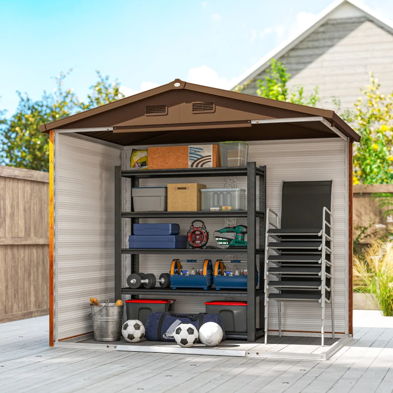 Outsunny Caseta de Jardín Exterior 3 m² 235,7x152x208,7 cm con 2 Puertas Corredizas y 4 Ventanas Natural y Café