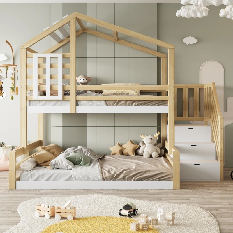 Lit superposé en bois avec design de fenêtre 90×200 cm, avec escalier avec rangement,sans matelas, Naturel