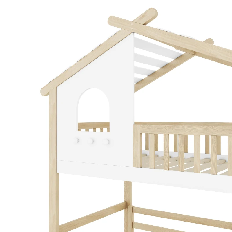 Lit mezzanine 90×200 cm,avec échelle de rangement pour d'enfant,sans matelas, Naturel+Blanc(m-6)