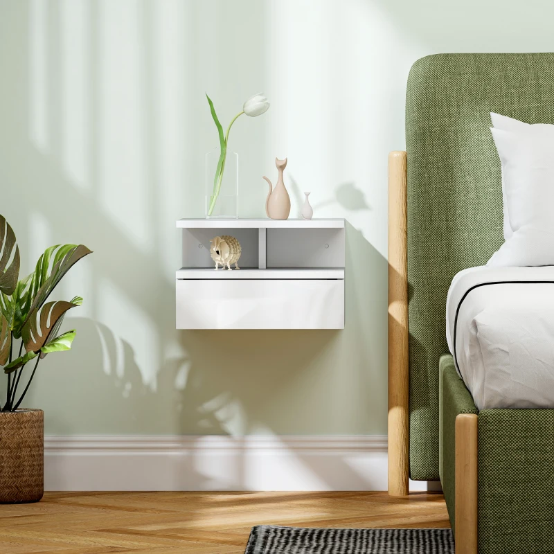 HOMCOM Comodino Sospeso per Camera da Letto con Cassetto e Ripiano Aperto in Legno, 35x32x22.5 cm, Bianco