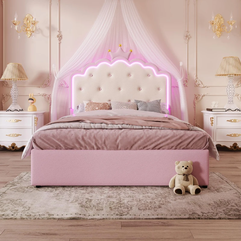 Letto imbottito 140x200 cm con rete a doghe, letto estraibile e 2 cassetti, senza materasso, Rosa