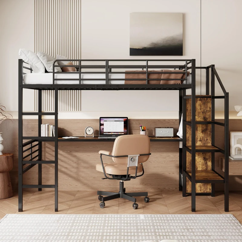 Letto a soppalco 90×200 cm, con scrivania e armadio aperto, senza materasso, Nero