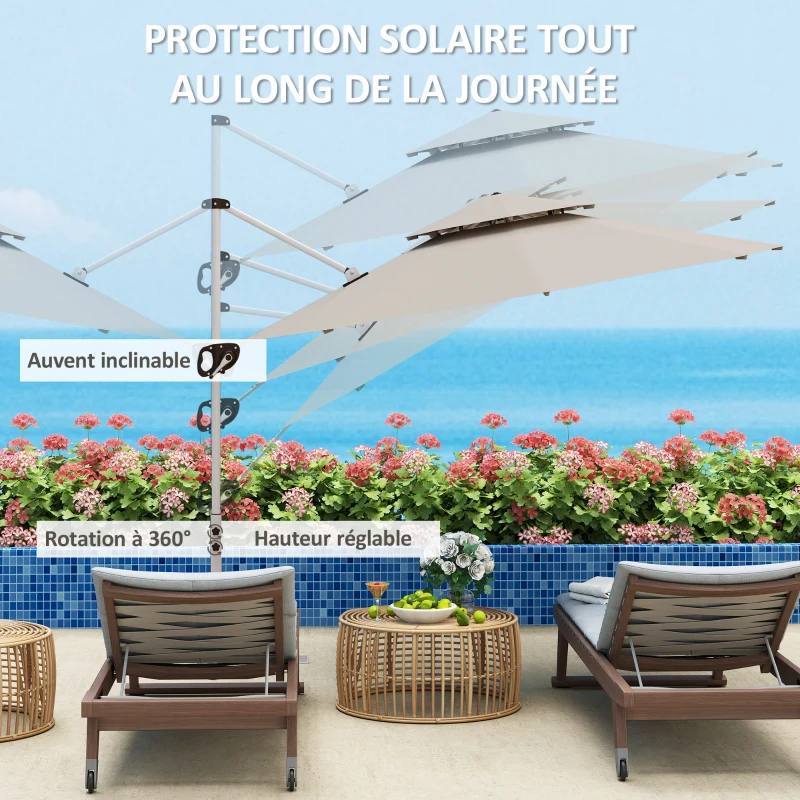 Outsunny Parasol déporté rond 3 x 2,5 m avec manivelle, base croisée, inclinable et rotatif à 360°, double toit, gris