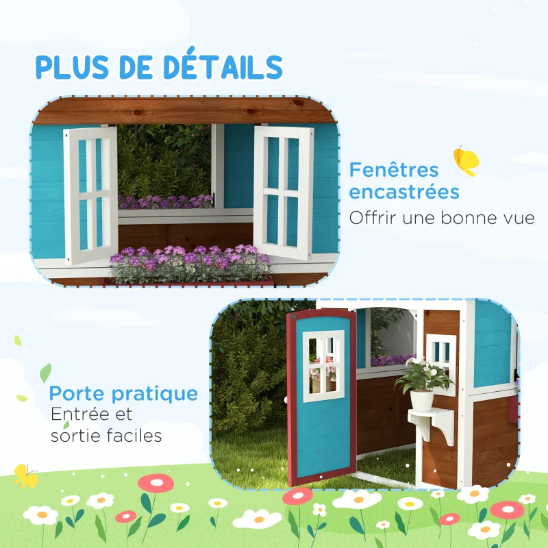 Outsunny Cabane enfant extérieur maison enfant extérieure avec porte fenêtres et jardinières 114 x 126,4 x 135 cm Marron