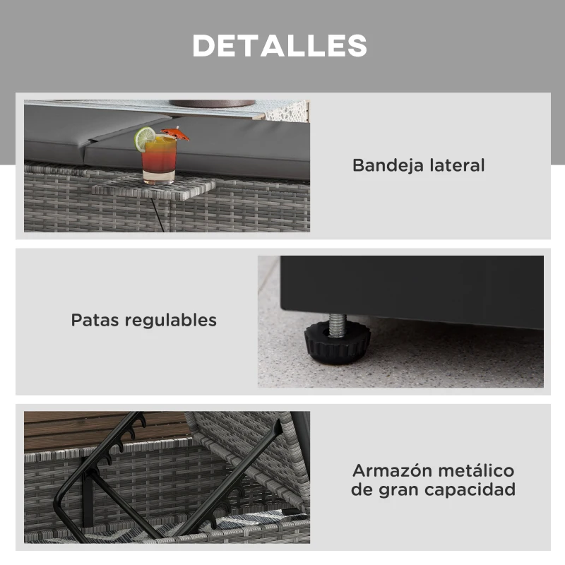 Outsunny Tumbona de Jardín de Ratán con Respaldo Ajustable en 5 Niveles Mesita y Cojín Carga 120 kg Gris