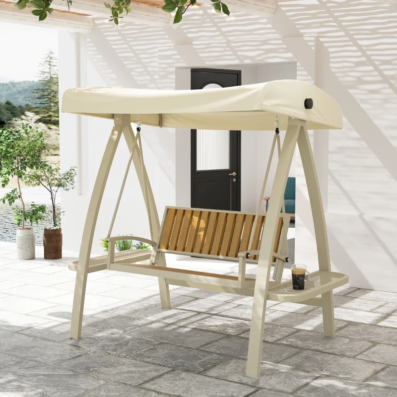 Outsunny Hollywoodschaukel 2-Sitzer Gartenschaukel mit verstellbarem Sonnendach, Seitentisch 200 x 120 x 190cm, Beige(m-8)