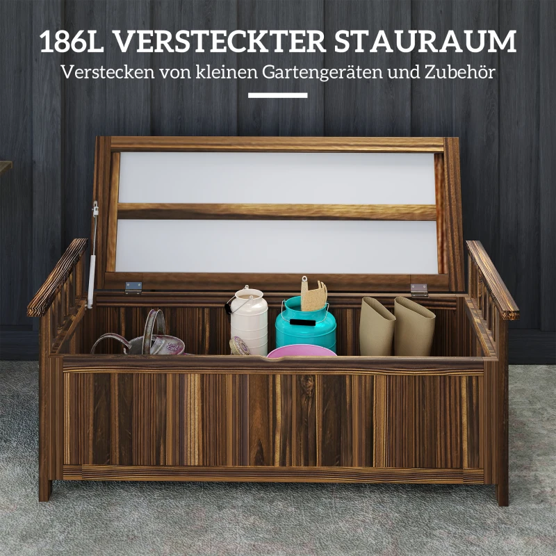 Outsunny 2-Sitzer Gartenbank Holz, wetterfest Sitzbank, Gartenmöbel mit Stauraum Armlehnen 128,5 x 56 x 53,5cm, Verkohlt(m-5)