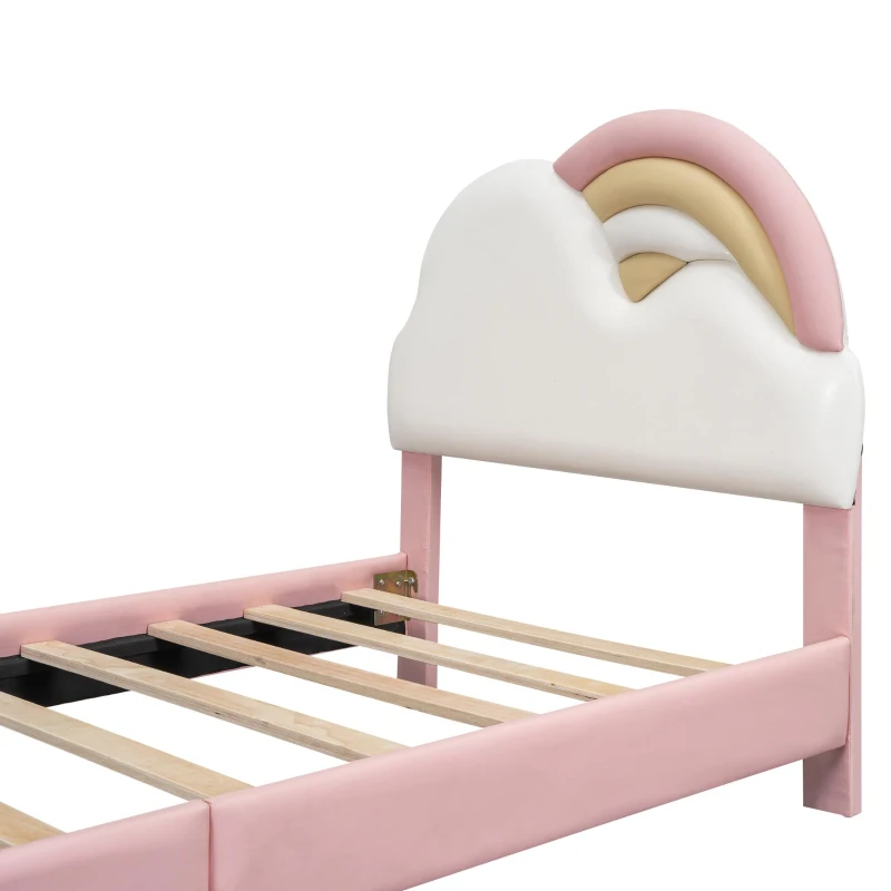 Letto imbottito a forma di arcobaleno con motivo a nuvole 90x200 cm, senza materasso, Rosa