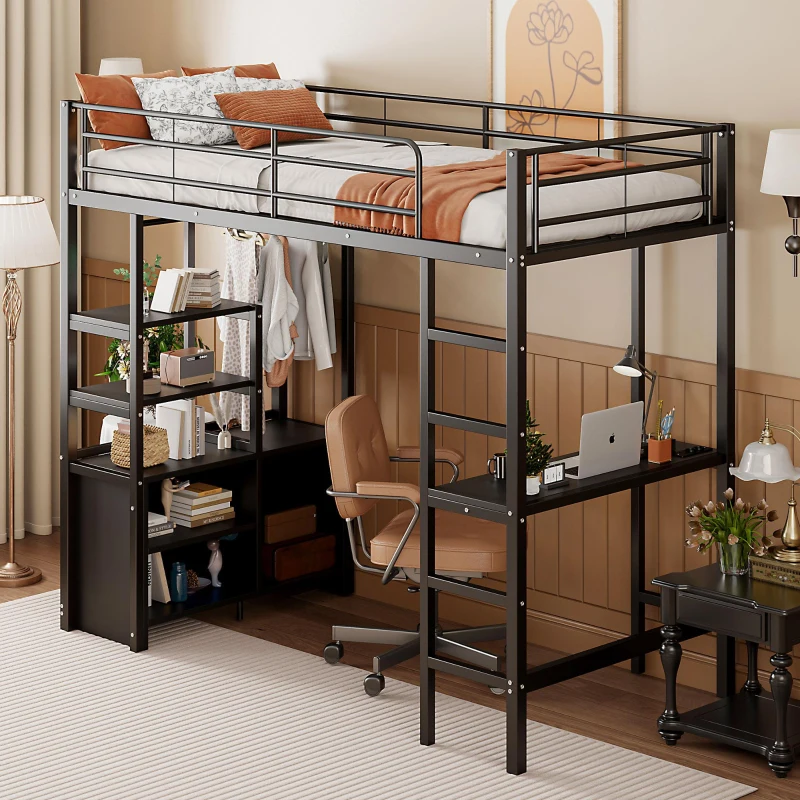 Lit mezzanine avec bureau 90×200 cm, armoire de rangement ouverte, avec garde-corps & échelle, sans matelas, Noir