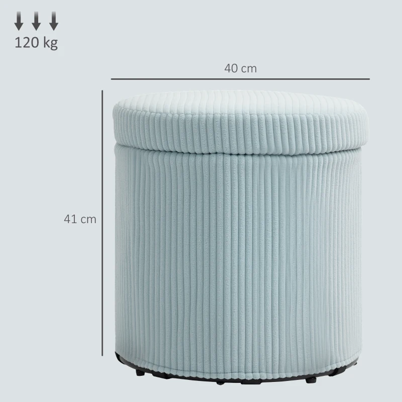 HOMCOM Puff de Arrumação Baú de Arrumação Redondo Estofado em Veludo Cotelê  Tampa Removível Ø40x41 cm Azul Claro