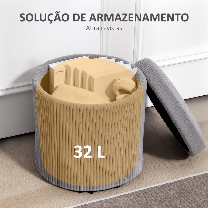 HOMCOM Puff de Arrumação Baú de Arrumação Redondo Estofado em Veludo Cotelê  Tampa Removível Ø40x41 cm Cinza Claro