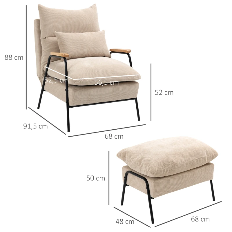 HOMCOM Polsterstoel met Voetenbank, Relaxstoel met Ligfunctie, Polsterstoel, Kussen, TV Stoel, 68 x 91,5 x 88 cm, Beige(m-3)