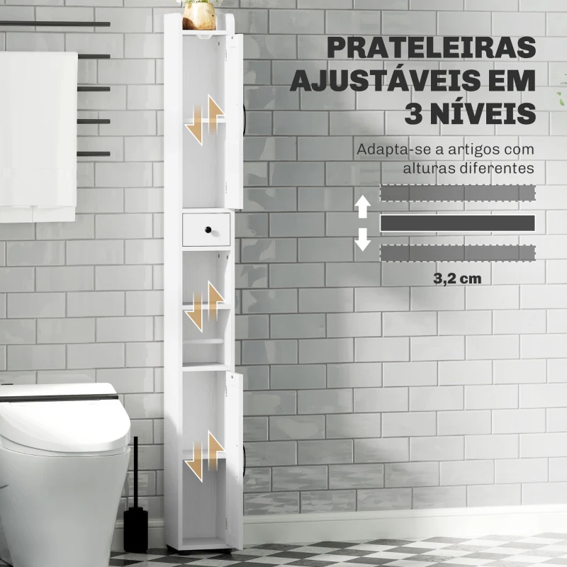 HOMCOM Coluna Casa de Banho com Compartimento Aberto Prateleiras Ajustáveis e Suporte para Papel Higiênico 20x20x185 cm Branco