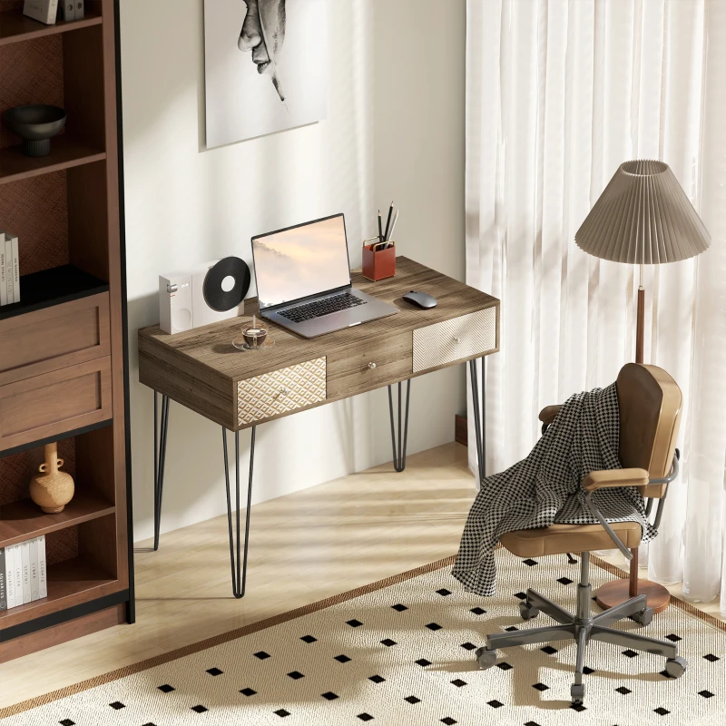 HOMCOM Secretária Estilo Boémio Mesa Secretária com 3 Gavetas e Pés de Ferro para Escritório Dormitório Tocador 105x50x75 cm Madeira