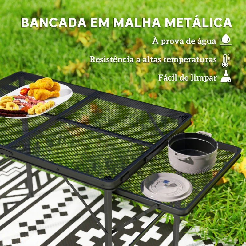 Outsunny Mesa Dobrável Campismo de Alumínio 137x62x67 cm com Laterais Abatíveis Altura Ajustável Bancada Metálica de Grade Preto