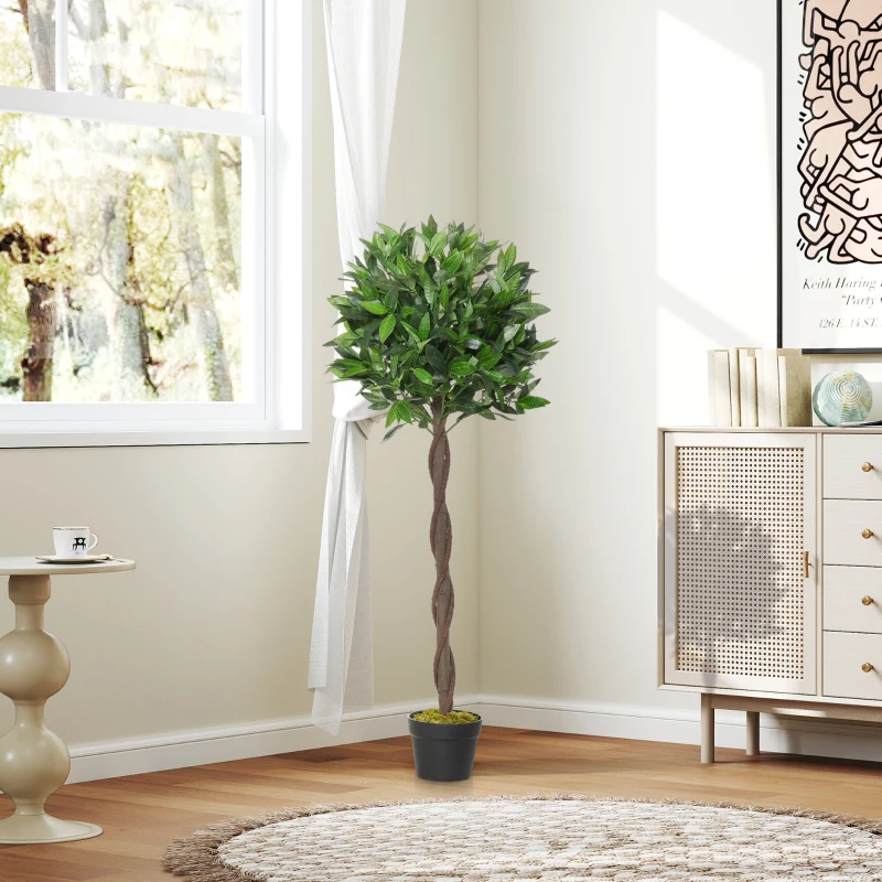 Outsunny 2er-Set Künstlicher Lorbeerbaum, 120 cm, Kunstpflanzen im Zementtopf, Kunststoff-Pflanzen für drinnen und draußen, Grün