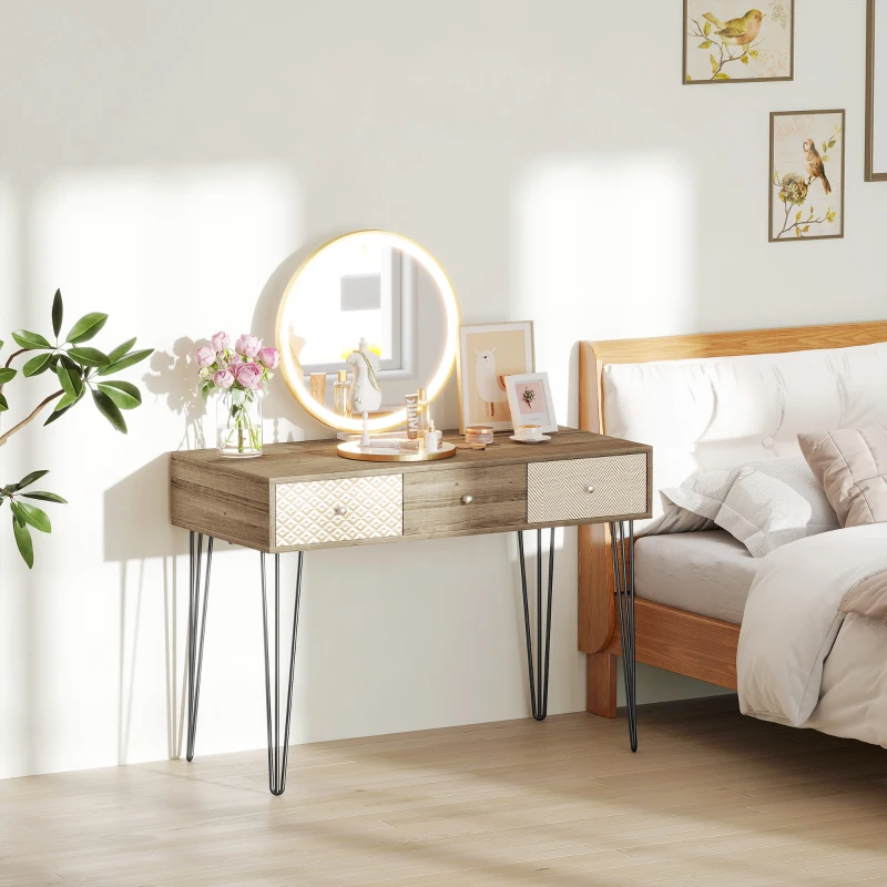 HOMCOM Secretária Estilo Boémio Mesa Secretária com 3 Gavetas e Pés de Ferro para Escritório Dormitório Tocador 105x50x75 cm Madeira