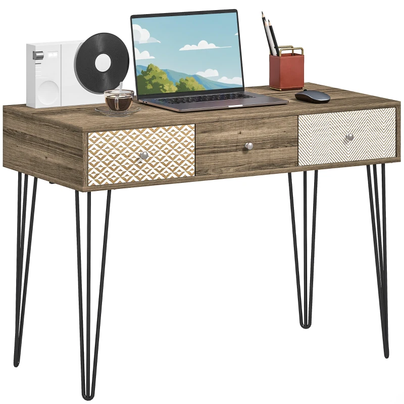 HOMCOM Secretária Estilo Boémio Mesa Secretária com 3 Gavetas e Pés de Ferro para Escritório Dormitório Tocador 105x50x75 cm Madeira