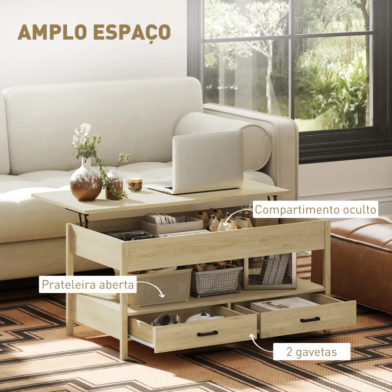 HOMCOM Mesa de Centro com Bancada Elevável Espaço Oculto de Armazenamento Gavetas e Prateleira Aberta 100x50x48-62 cm Carvalho