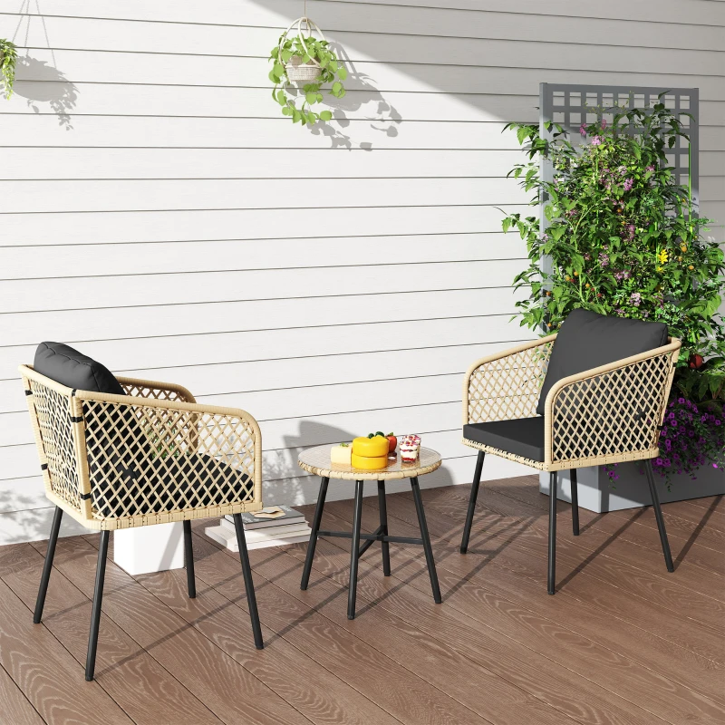 Outsunny Three-Piece Cut-Out Rattan Chair and Table Set - Brown/Black