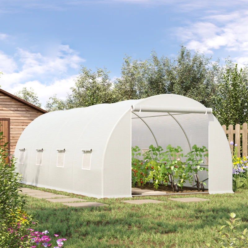 Outsunny Serre de Jardin Tunnel Surface Sol 18 m² 6L x 3l x 2H m châssis Tubulaire renforcé 24 mm 8 fenêtres Blanc