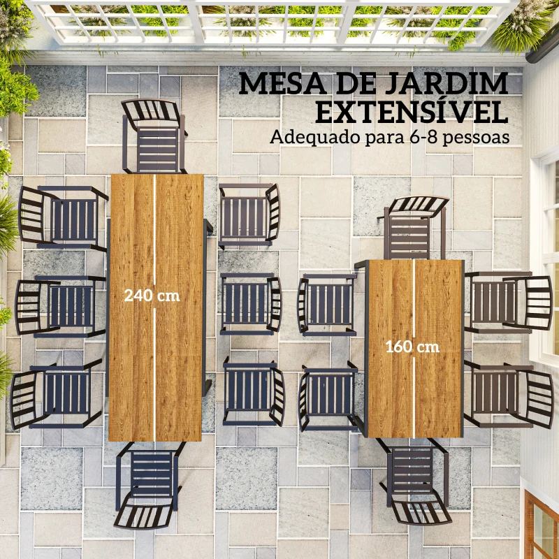 Outsunny Mesa de Refeição Extensível Mesa de Jardim Ajustável com Bordo de Alumínio para 6-8 Pessoas 160/240x90x74 cm Marrom