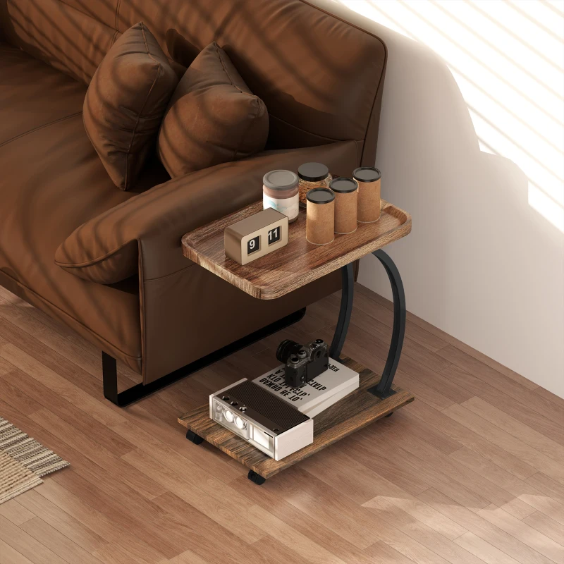 HOMCOM Mesa Auxiliar em Forma de C com Rodas para Sofá com Prateleiras Estrutura de Aço 52x34x60 cm Madeira e Preto