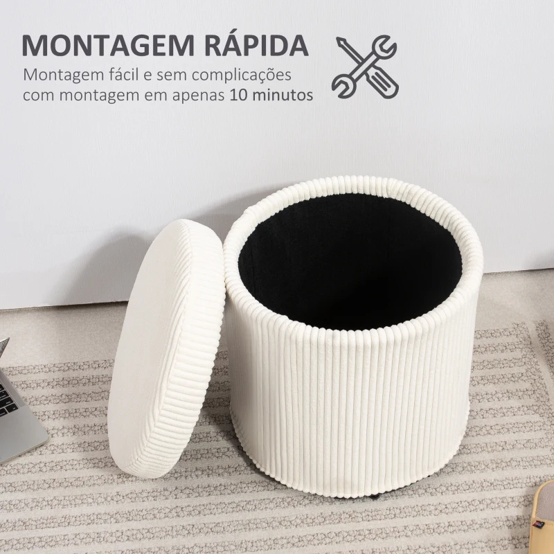 HOMCOM Puff de Arrumação Baú de Arrumação Redondo Estofado em Veludo Cotelê  Tampa Removível Ø40x41 cm Creme