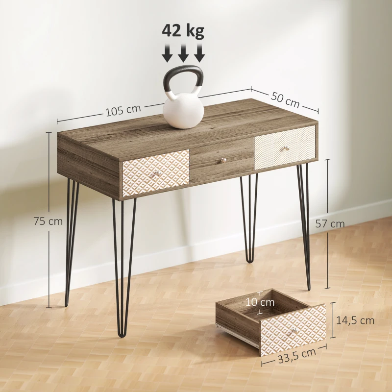 HOMCOM Secretária Estilo Boémio Mesa Secretária com 3 Gavetas e Pés de Ferro para Escritório Dormitório Tocador 105x50x75 cm Madeira